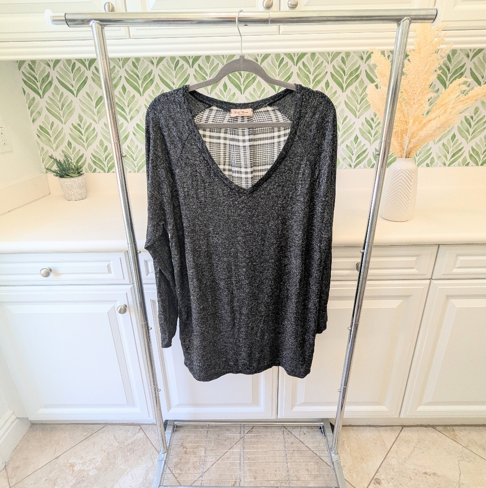Full Moon Maternity Long Sleeve Gray Checked Mixed Media Blouse XL
